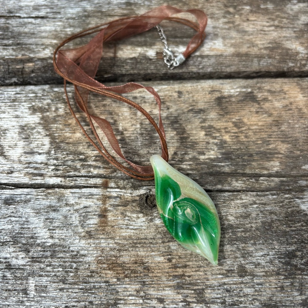 Glass Pendant Leaf Necklace Green Milky White Natural Boho Hippie Traveler Art